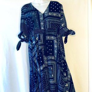 Patchwork Print Knot Cuff Shirred Waist Dress